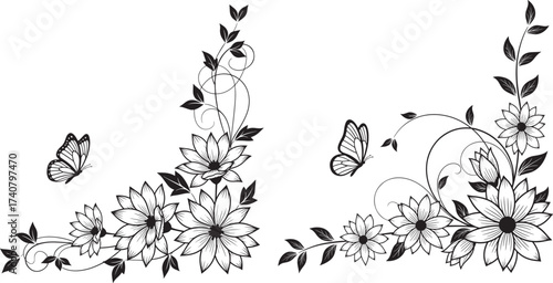 Vector art of two elegant floral corner designs with butterflies, ideal for adding a touch of sophistication