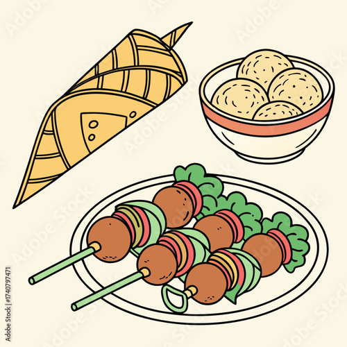 Hand drawn illustration of delicious food items including skewers meatballs and a wrap