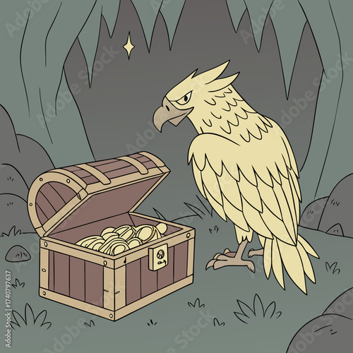 Mythical bird guards treasure chest full of gold coins in dark cave