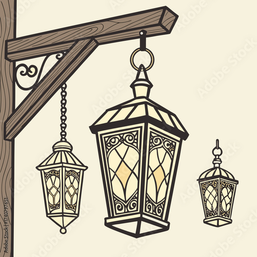 Ornate vintage lanterns hanging from a wooden beam with decorative metal bracket