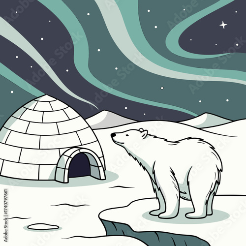 Polar bear and igloo under the aurora borealis