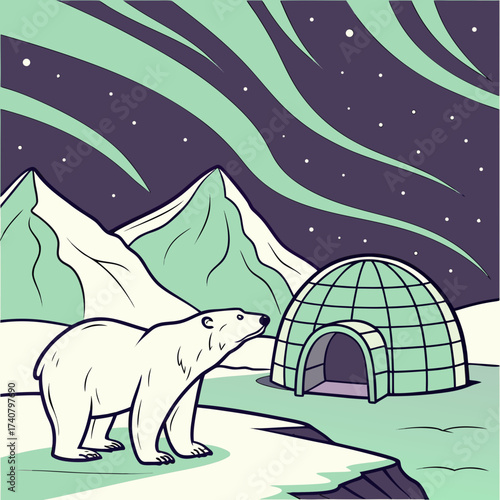 Polar bear and igloo under the aurora borealis at night