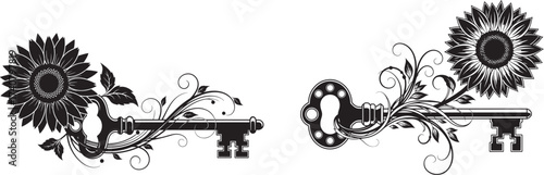 Vector art of vintage key with sunflower decoration, representing secret and beauty