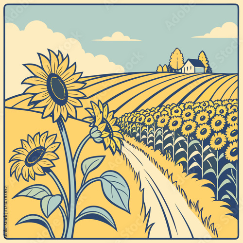 Stylized illustration of a vibrant sunflower field with a farmhouse in the distance