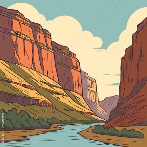 Stylized illustration of a river flowing through a grand canyon with colorful rock formations