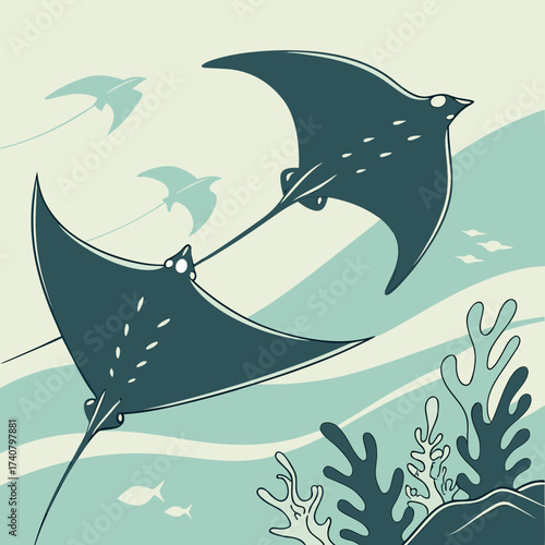 Stylized illustration of manta rays swimming in the ocean with coral reef