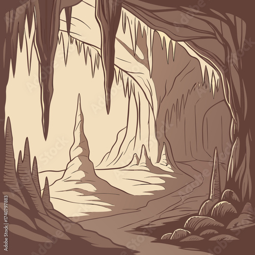 Stylized illustration of a cave interior with stalactites and stalagmites