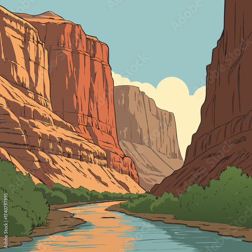 Stylized illustration of a river flowing through a grand canyon