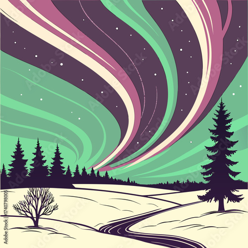 Stylized winter landscape with aurora borealis over pine trees and snowy fields
