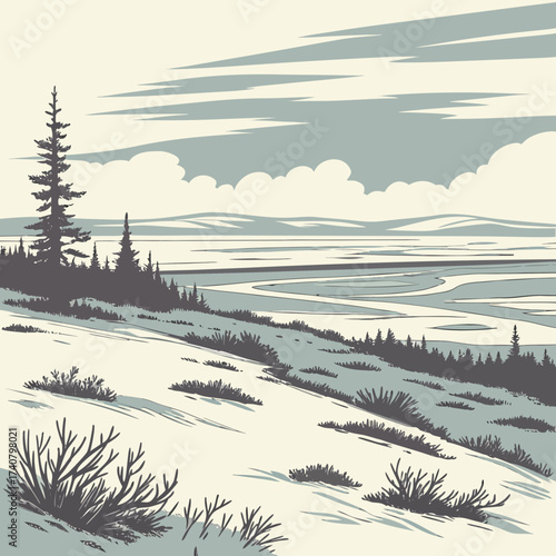 Stylized winter landscape with snow covered hills and frozen river