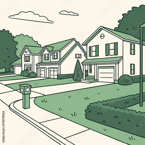 Suburban street scene with charming houses and green lawns