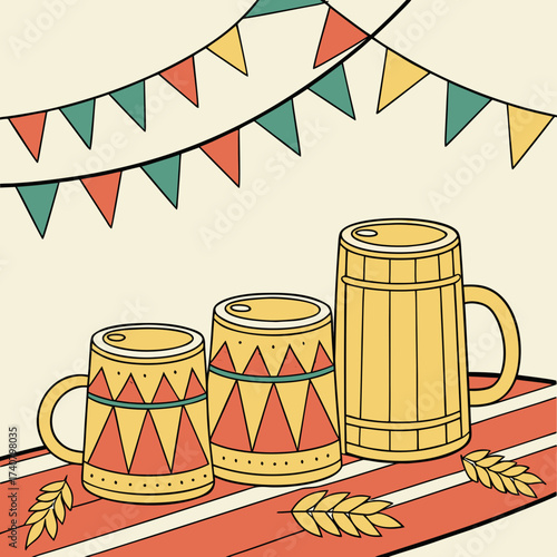 Three beer mugs and festive bunting on a table