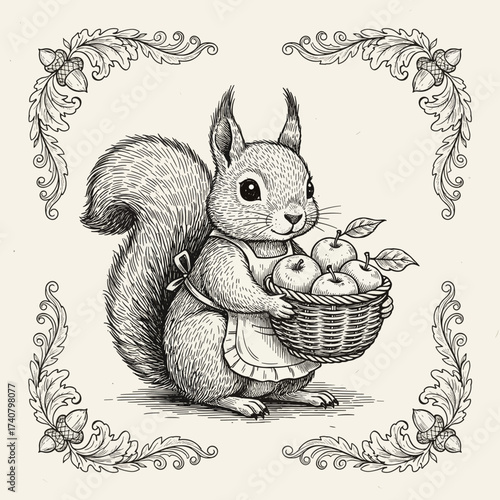 Title: Engraving hand-drawn squirrel in apron with basket of apples and ornamental frame of acorns and leaves, black and white vector illustration


