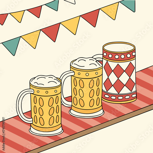 Three steins of beer with festive bunting overhead