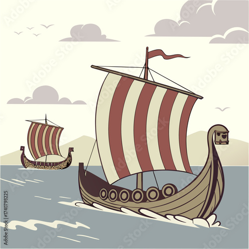 Two viking longships sailing on the sea with mountains and clouds in the background