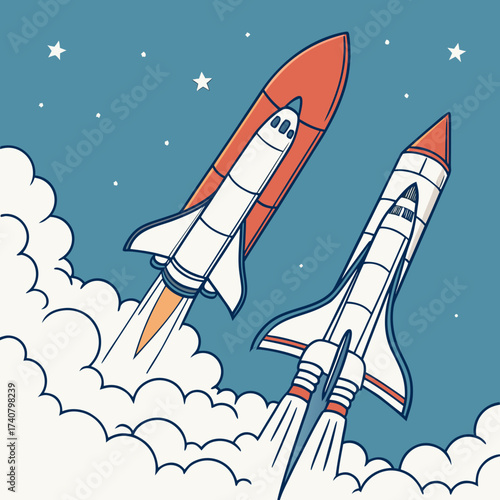 Two space shuttles launching into a starry sky
