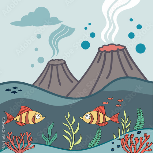 Underwater scene with volcanoes and cartoon fish