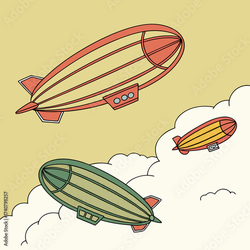 Vintage airships float through a cloudy sky in a retro illustration style