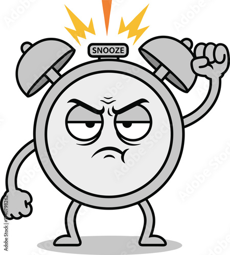 Angry Alarm Clock Cartoon Character Pushing Snooze
