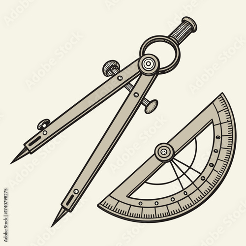 Vintage drawing compass and protractor on a cream background