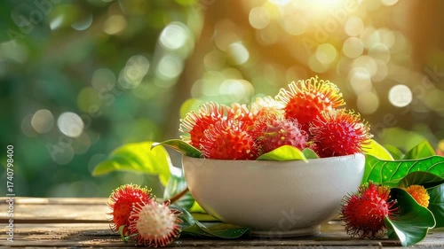 rambutan in a bowl in a white bowl on a wooden table. Selective focus