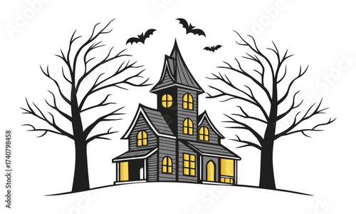 Ungrouped Layer Spooky Castle Illustration with Bats and Trees