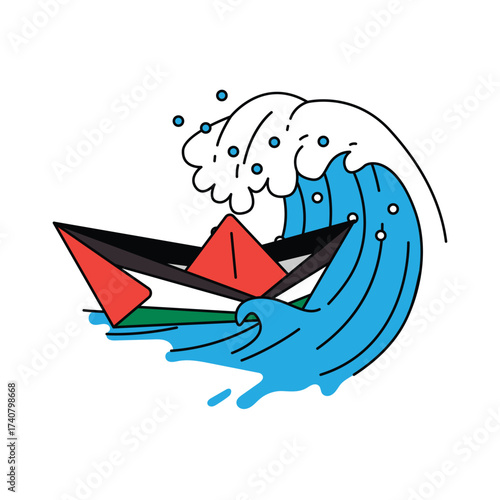 A simple illustration of a red and black paper boat navigating a large blue ocean wave, with water droplets splashing around it. Palestinian Paper Boat Retro Vintage.