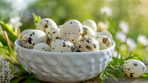 quail eggs in a bowl in a white bowl on a wooden table. Selective focus