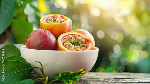 passion in a bowl in a white bowl on a wooden table. Selective focus