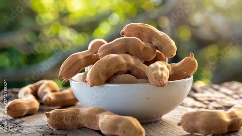 tamarind in a bowl in a white bowl on a wooden table. Selective focus