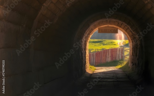 Tunnel Exit Leads to Freedom and Green Pasture with Red Fence