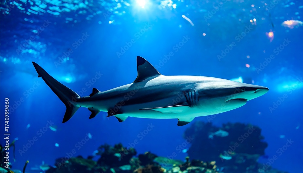 Fototapeta premium Shark in an aquarium. Sunlight streams through the water