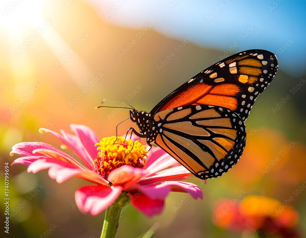Fototapeta premium A vibrant monarch butterfly perched atop a brightly colored flower