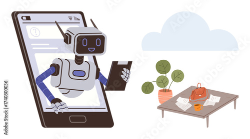 Robot stepping from smartphone, holding a device. Nearby are a coffee table with decor, books, and a plant. Ideal for AI, technology, innovation, smart living robotics digital interaction simple