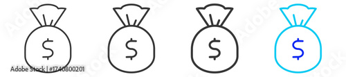 Money Bag icon set collection in creative outline style for business featuring multiple thickness variations suitable for profit finance money management accounting and investment growth