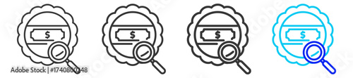 Cash Inspect icon set collection in creative outline style for business featuring multiple thickness variations suitable for profit finance money management accounting and investment growth