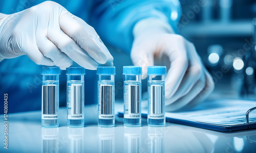 Closeup Gloved Hands Test Tubes