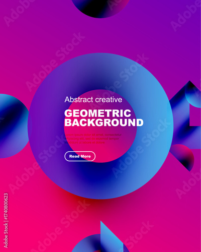 Vibrant abstract design. Geometric shapes blend with purple, pink hues. Text promotes creative background options, includes call to action.