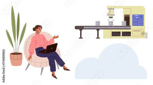 Woman sitting on chair with laptop overseeing automated conveyor belt machine. Ideal for remote work, automation, cloud technology, industry innovation, productivity, business strategy, digital