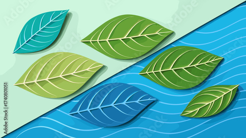 Vibrant green and blue leaves float serenely on abstract water waves, symbolizing nature's beauty
