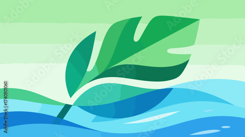 Serene tropical leaf swaying above calming blue ocean waves, perfect for wellness brand or eco-friendly project