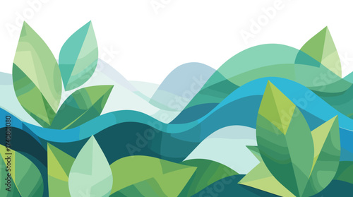 Serene abstract landscape featuring fresh green leaves and cool blue flowing water in a modern minimalist style