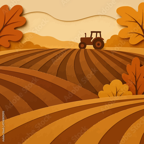 Autumn farmland landscape with tractor in papercut design