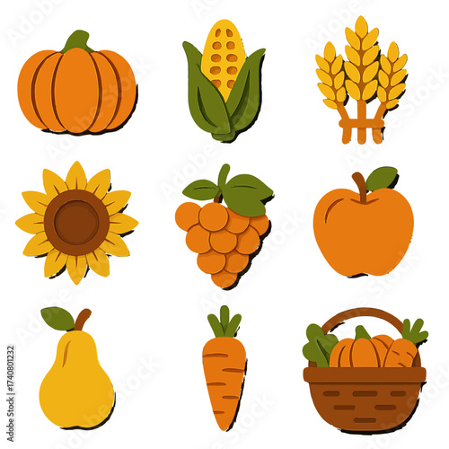 Autumn harvest icons featuring pumpkin, corn, and sunflower in 3d paper cut style