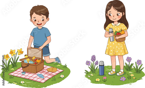Happy children enjoying leisure time outdoors, a boy eating a picnic lunch while a girl smiles reading a book.