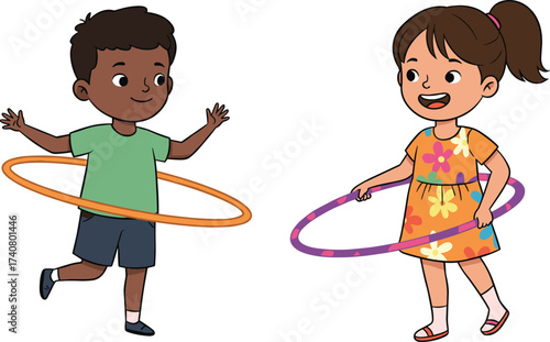 Happy children playing with hula hoops, a smiling boy and girl enjoying a fun, active, and engaging physical game.