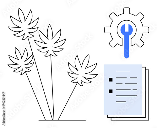 Cannabis plants beside a gear with a wrench inside and stacked documents symbolize agriculture, process optimization, industrial progress, regulation, research, and strategic planning. Ideal