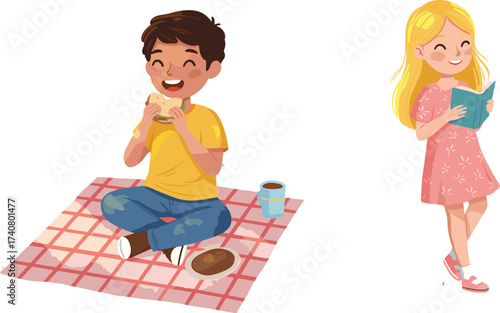 Happy children enjoying leisure time outdoors, a boy eating a picnic lunch while a girl smiles reading a book.