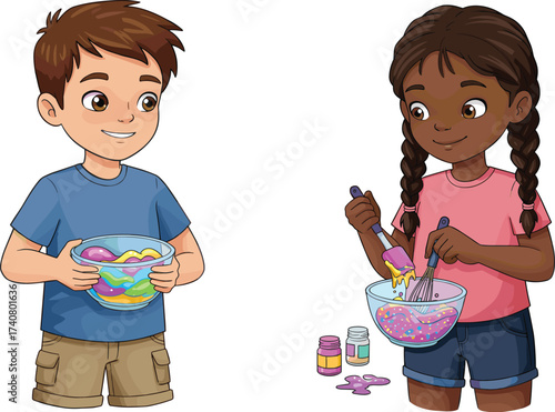 Curious children doing science experiments, a smiling boy whisking and a girl making colorful, stretchy slime.