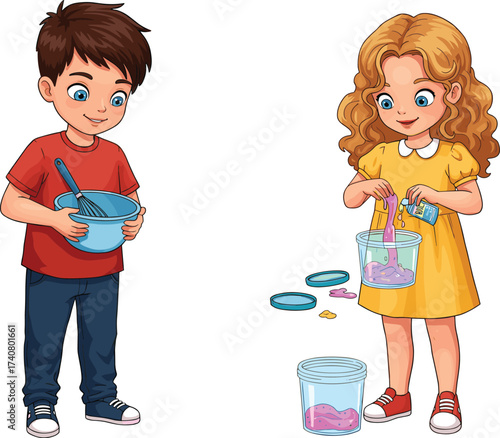 Curious children doing science experiments, a smiling boy whisking and a girl making colorful, stretchy slime.